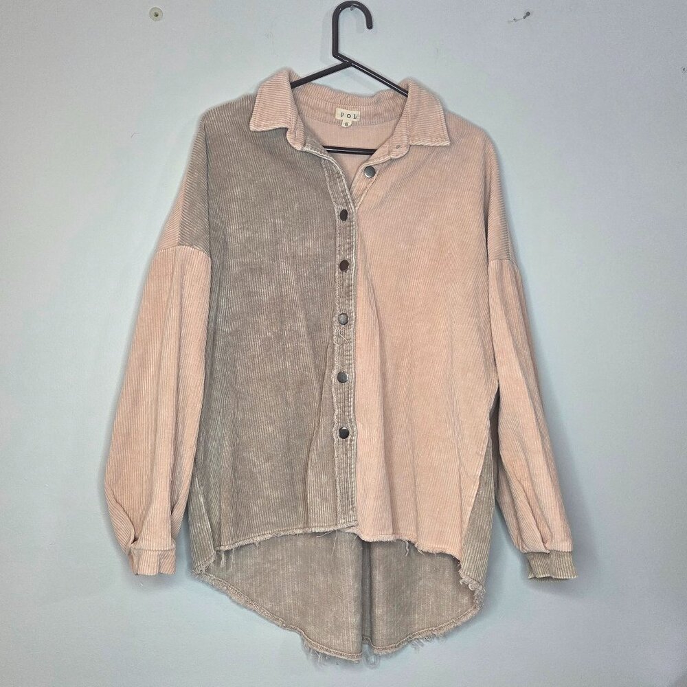 POL Two-Tone Over-sized Corduroy Shacket‎ Button-Up Taupe and Beige, Size S